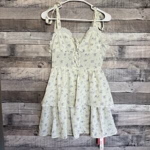 Rowme Fairycore Ditsy Floral Eyelet Embroidery Lace Up Cami Dress Cream Small